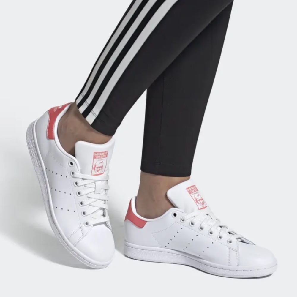 adidas White Sneakers with Pink Heel and Tongue Accents